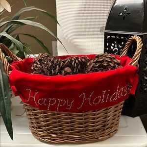 Festive Red Holiday Basket with Pinecones